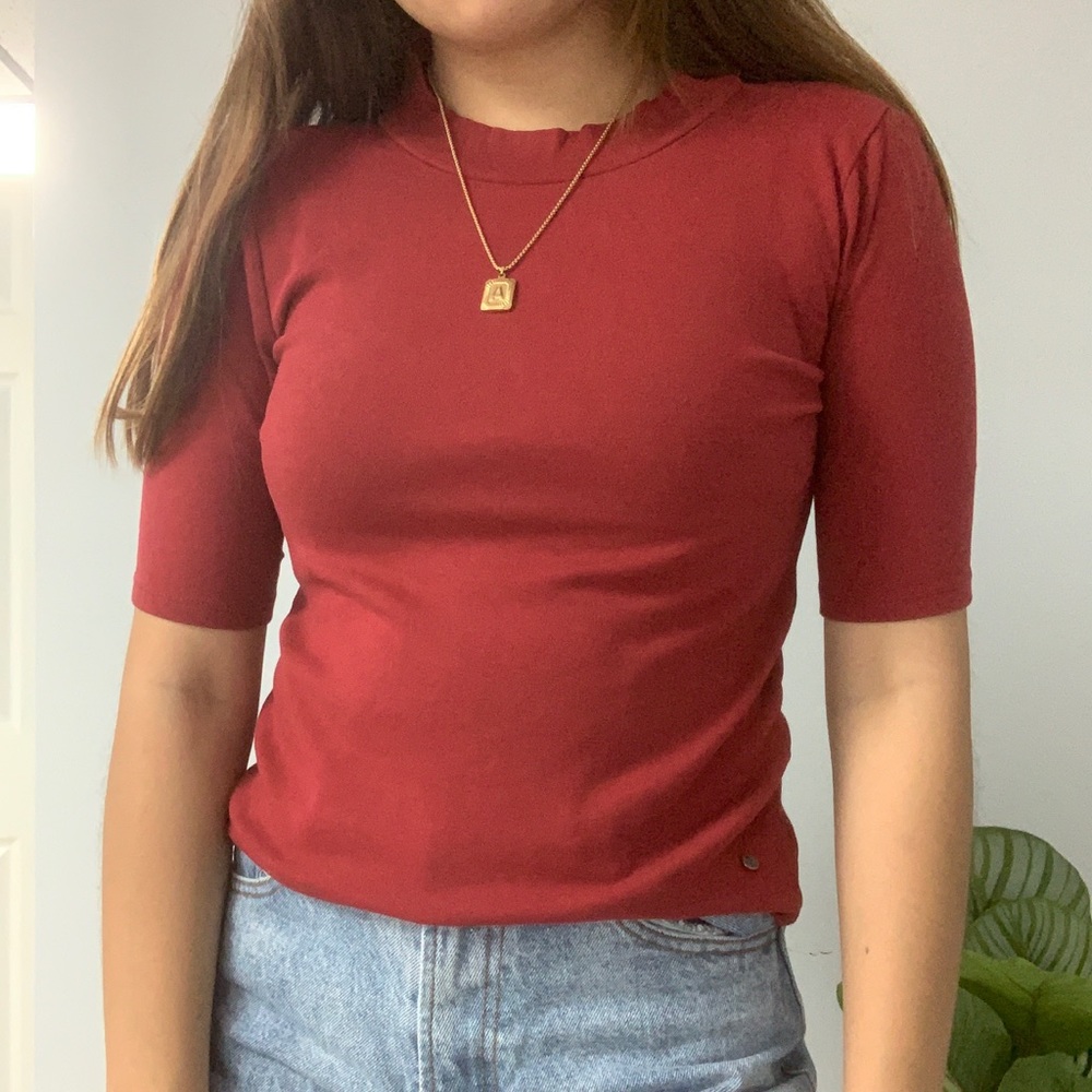 maroon mock neck blouse